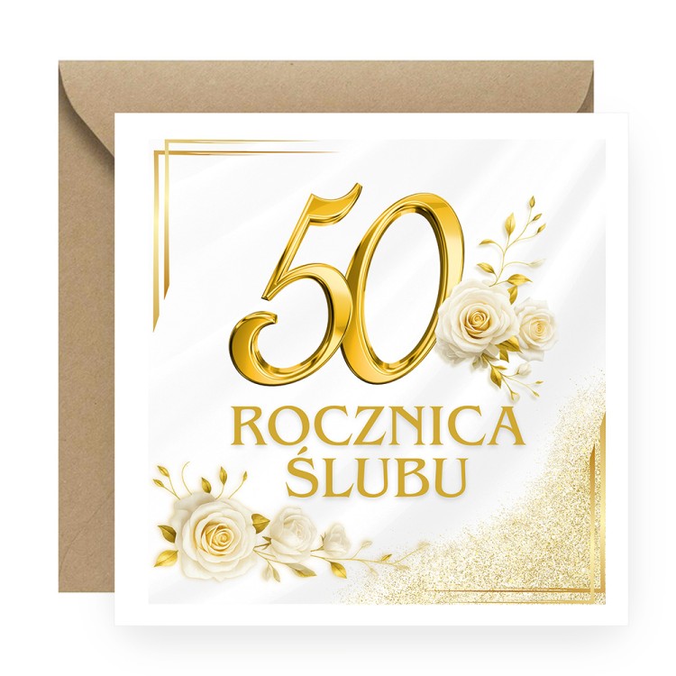 Zaproszenia Personalizowane na Rocznicę Ślubu Biało Złote Róże Eko Koperta D13_10_ZE1