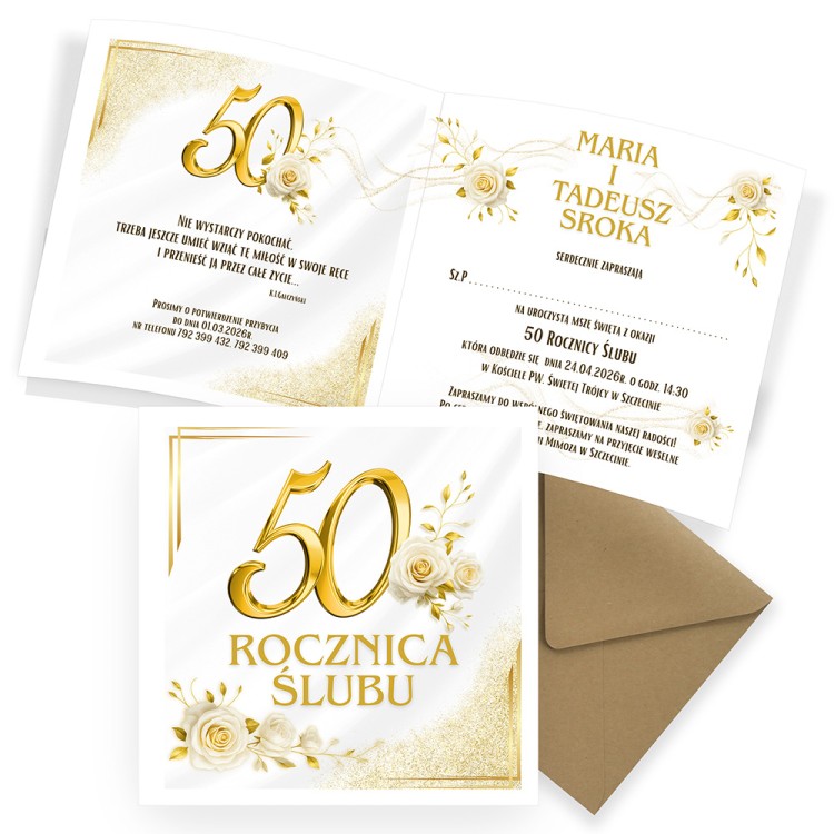Zaproszenia Personalizowane na Rocznicę Ślubu Biało Złote Róże Eko Koperta D13_10_ZE1 komplet