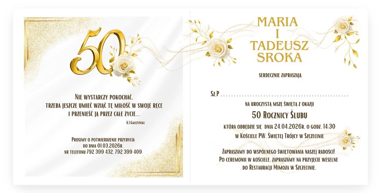 Zaproszenia Personalizowane na Rocznicę Ślubu Biało Złote Róże Eko Koperta D13_10 środek