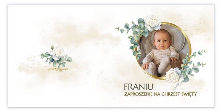 Zaproszenia Personalizowane na Chrzest Białe Róże ze zdjęciem Eko Koperta D13_06 przód