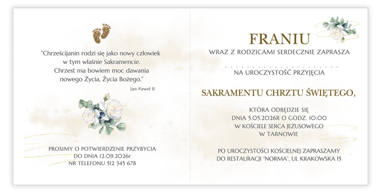 Zaproszenia Personalizowane na Chrzest Białe Róże ze zdjęciem Eko Koperta D13_06 środek