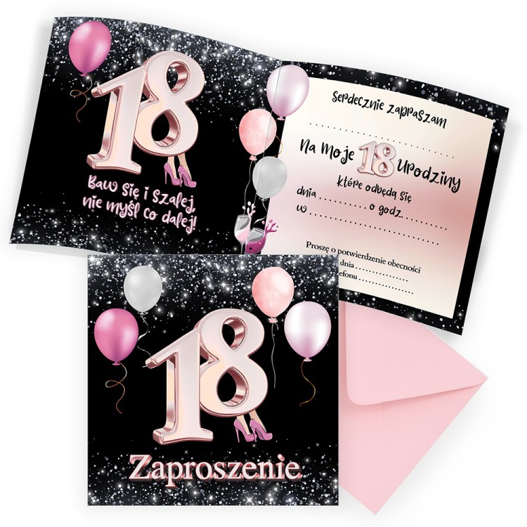 Zaproszenia na 18 Urodziny Różowe szpilki Różowa Koperta Z13_05_ZR1