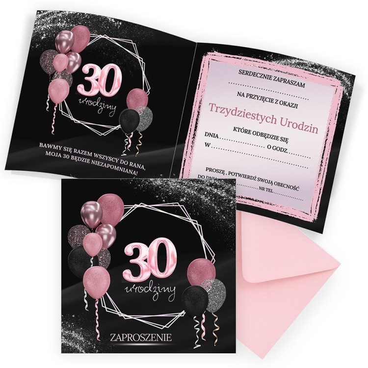 Zaproszenia na 30 Urodziny Różowe Balony Różowa Koperta Z13_09_ZR1