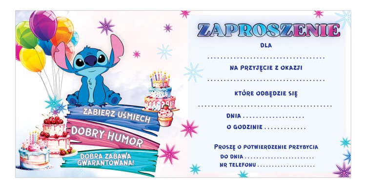 Zaproszenia dla Dzieci Stworek z Balonami Różowa Koperta Z13_10 środek