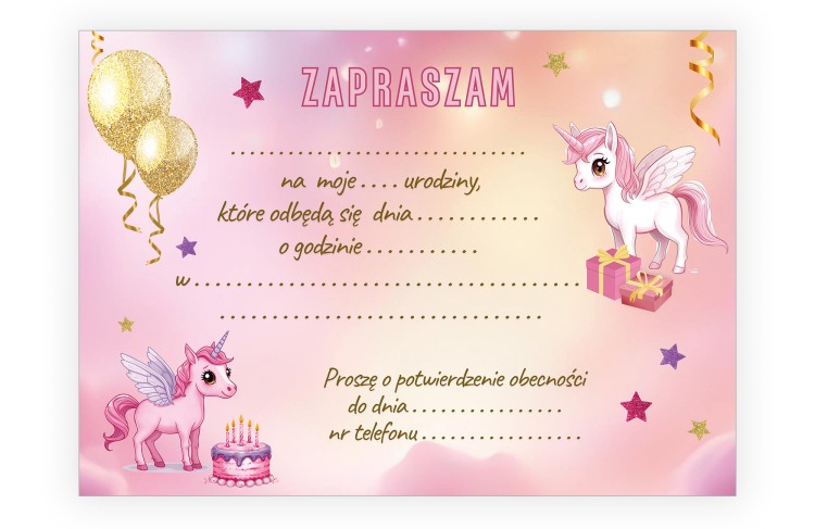 Zaproszenia dla Dzieci Jednorożce ZJB_10 tył