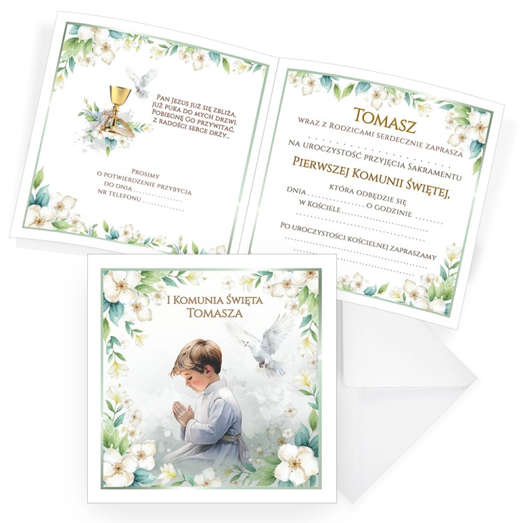 Zaproszenia  na Komunię Personalizowane Chłopczyk D13_16 komplet