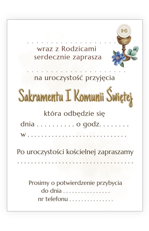 Zaproszenia na Komunię dla Chłopca Kielich ZJB_11 tył