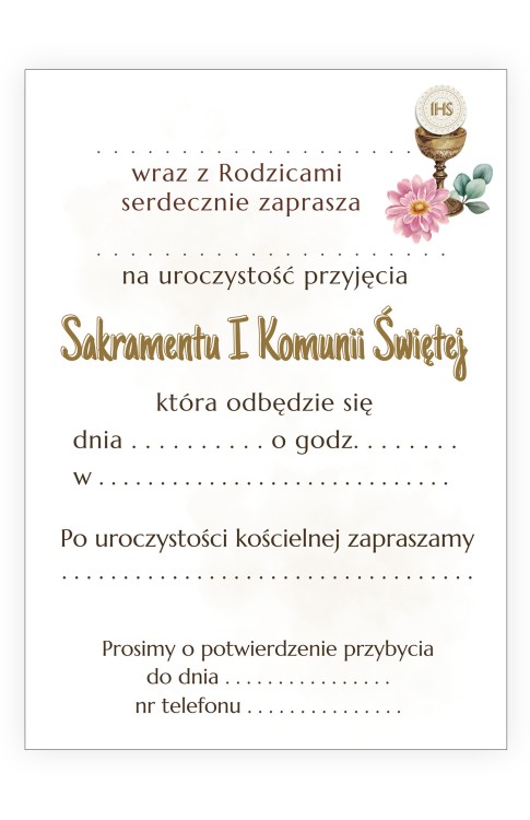 Zaproszenia na Komunię dla Dziewczynki Kielich ZJB_12 tył