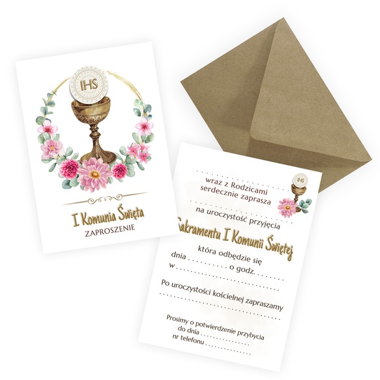 Zaproszenia na Komunię dla Dziewczynki Kielich Eko Koperta ZJB_12_ZE1
