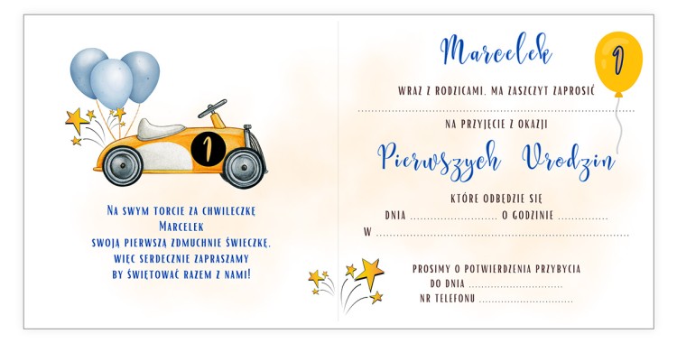 Zaproszenia Personalizowane dla Dzieci na Urodziny Autko D13_03 srodek