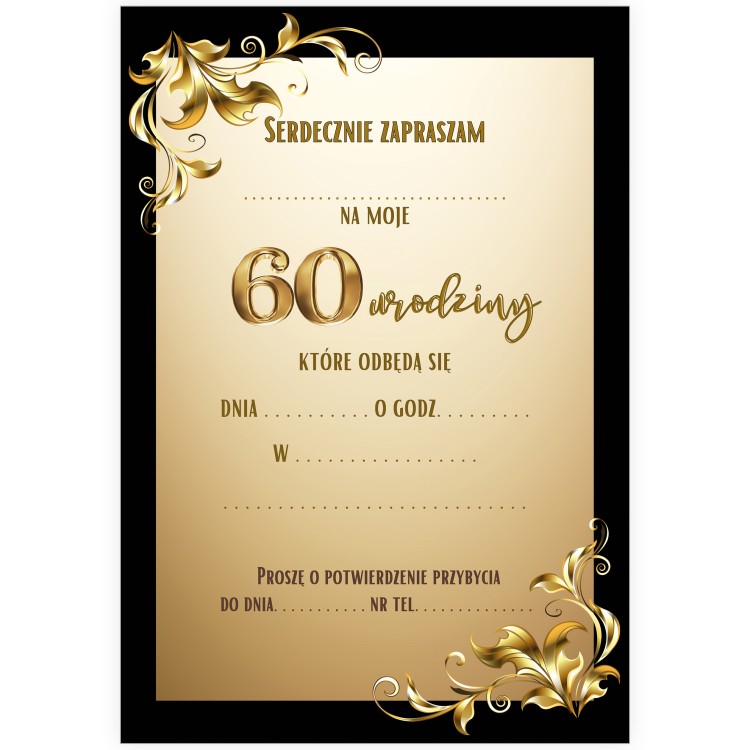 Zaproszenia na 60 urodziny Złote Balony Czarne Złoto WB_64 środek