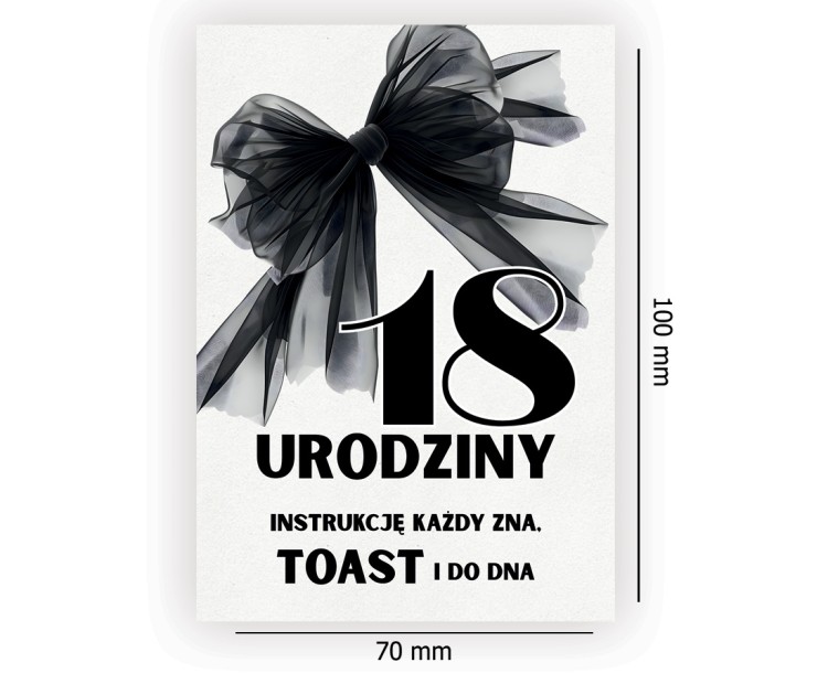 Naklejki na Butelki na 18 Urodziny Czarna Kokarda NAK_125 wymiary