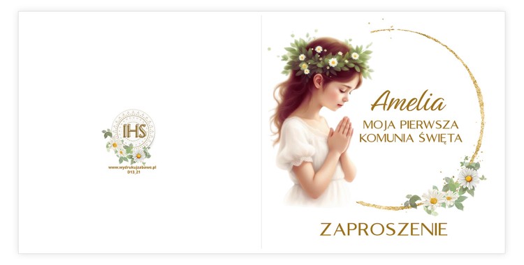Zaproszenia Personalizowane na Komunię Stokrotka Dziewczynka D13_21 przód