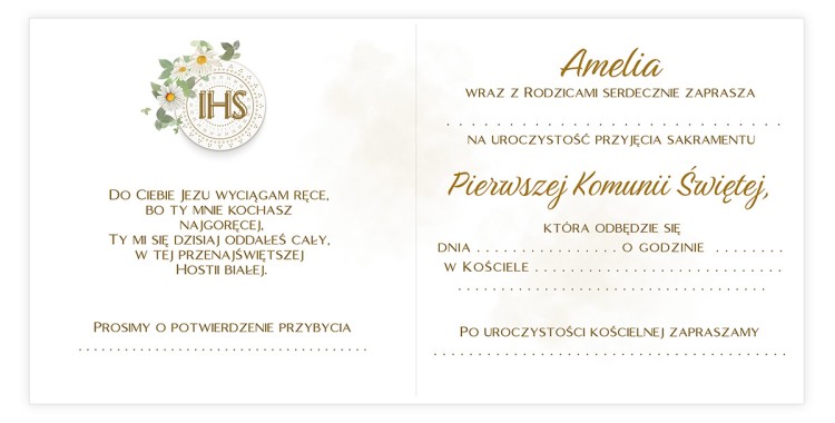 Zaproszenia Personalizowane na Komunię Stokrotka Dziewczynka D13_21 środek