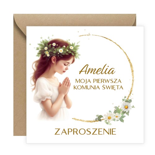 Zaproszenia Personalizowane na Komunię Stokrotka Dziewczynka Eko Koperta D13_21_ZE1