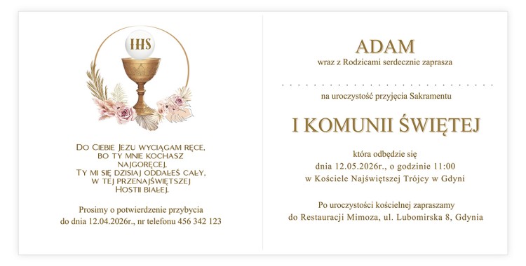 Zaproszenia Personalizowane na Komunię Harmonia D13_23 środek