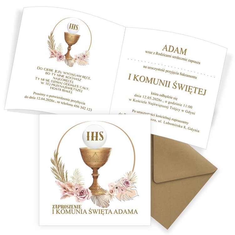 Zaproszenia Personalizowane na Komunię Harmonia Eko Koperta D13_23_ZE1 komplet