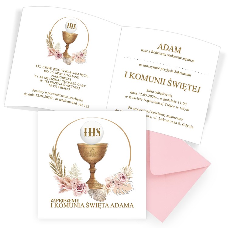 Zaproszenia Personalizowane na Komunię Harmonia Różowa Koperta D13_23_ZR1 komplet