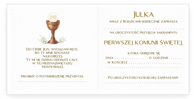 Zaproszenia Personalizowane na Komunię Delikatne Dziewczynka D13_24 środek