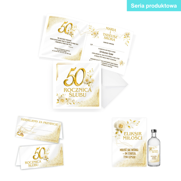Zaproszenia Personalizowane na Rocznicę Ślubu Biało Złote Róże D13_10 seria produktowa