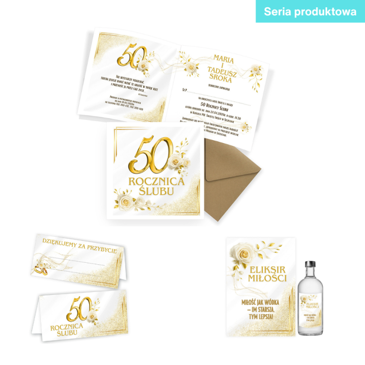 Zaproszenia Personalizowane na Rocznicę Ślubu Biało Złote Róże Eko Koperta D13_10_ZE1 seria produktowa eko