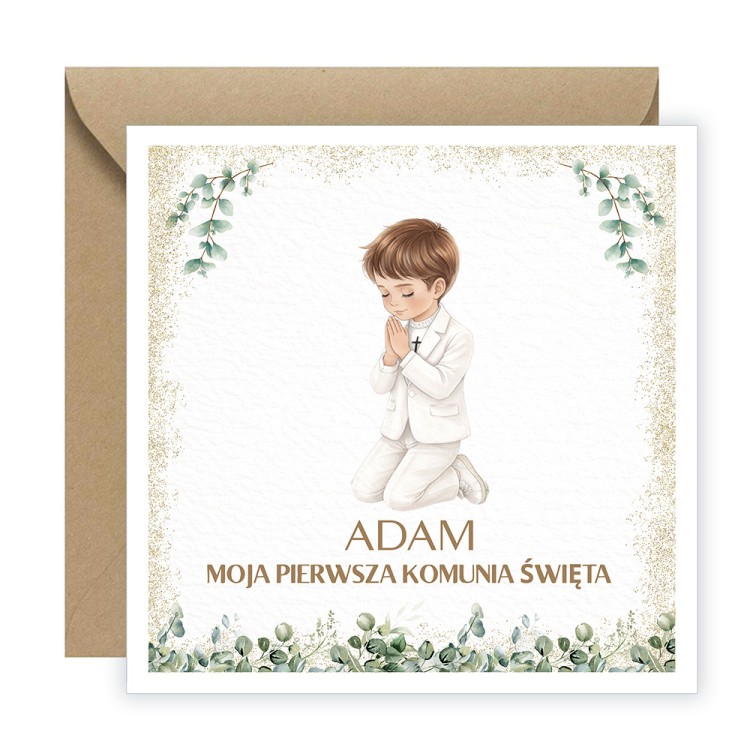 Zaproszenia Personalizowane na Komunię Delikatne Chłopczyk Eko Koperta D13_25_ZE1