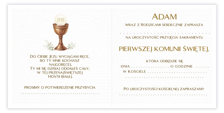 Zaproszenia Personalizowane na Komunię Delikatne Chłopczyk D13_25 środek