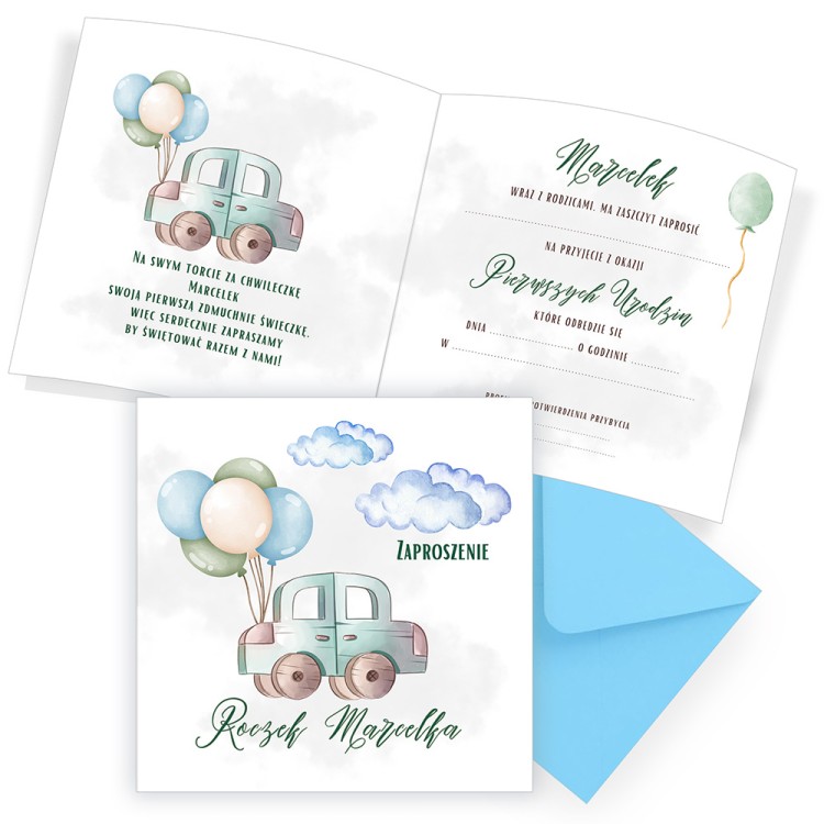 Zaproszenia Personalizowane na Roczek Autko Niebieska Koperta D13_02_ZN1 komplet