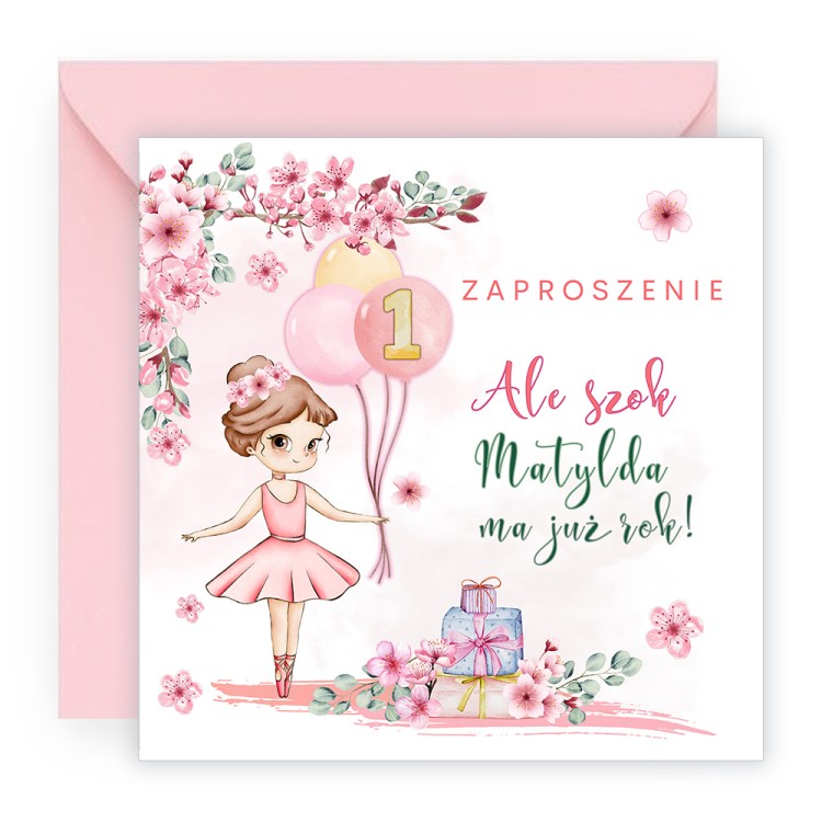 Zaproszenia Personalizowane na Roczek Baletnica Różowa Koperta D13_04_ZR1