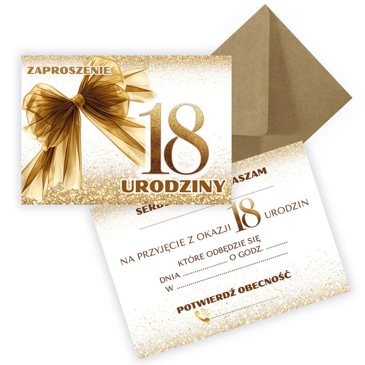 Zaproszenia na 18 Urodziny Złoto Eko Koperta ZJB_17_ZE1