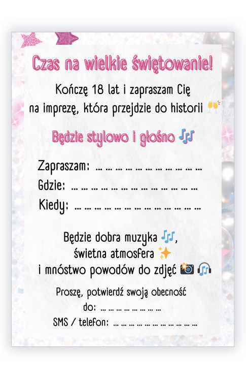 Zaproszenia na 18 Urodziny Szał  ZJB_18 tył