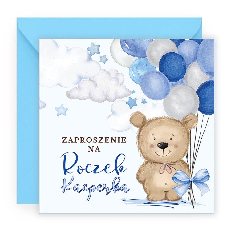Zaproszenia Personalizowane na Roczek Niebieski Miś Niebieska Koperta P13_03_ZN1