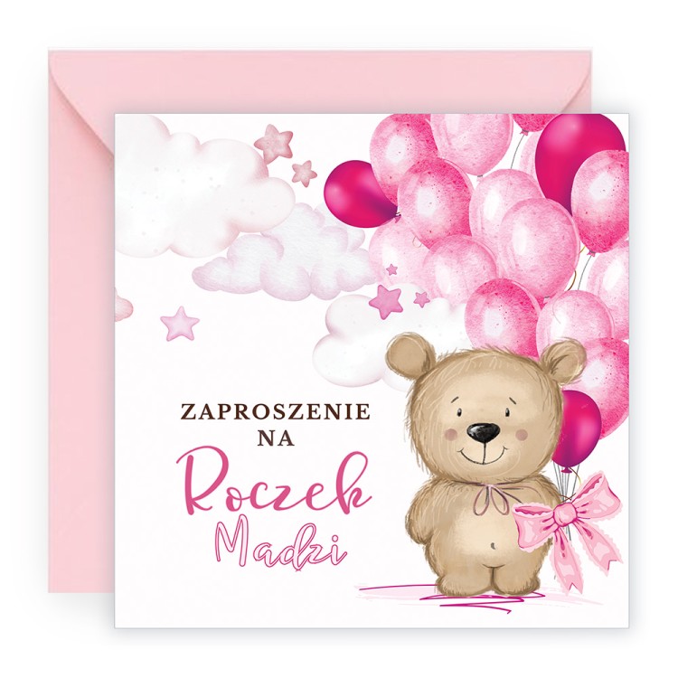 Zaproszenia Personalizowane na Roczek Różowy Miś Różowa Koperta P13_03_ZR1