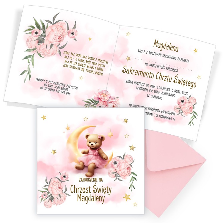 Zaproszenia Personalizowane na Chrzest Święty Miś na księżycu Różowa Koperta D13_11_ZR1 komplet