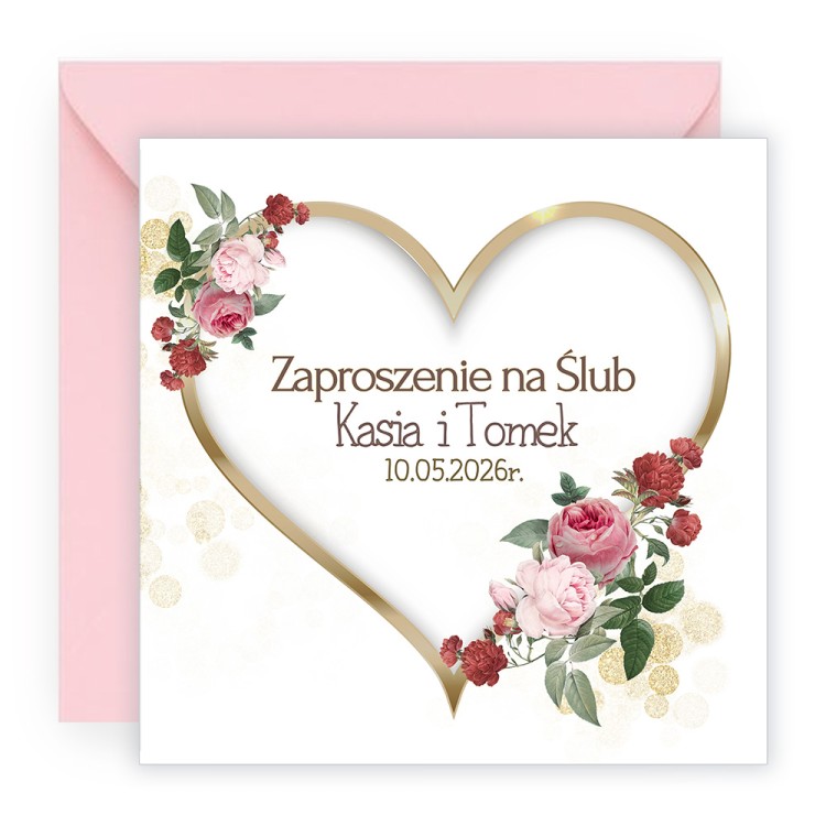 Zaproszenia Personalizowane na Ślub Złote Serca Różowa Koperta D13_18_ZR1