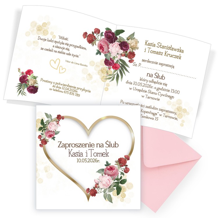 Zaproszenia Personalizowane na Ślub Złote Serca Różowa Koperta D13_18_ZR1 komplet