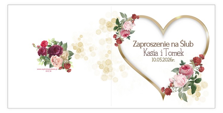 Zaproszenia Personalizowane na Ślub Złote Serca D13_18 przód