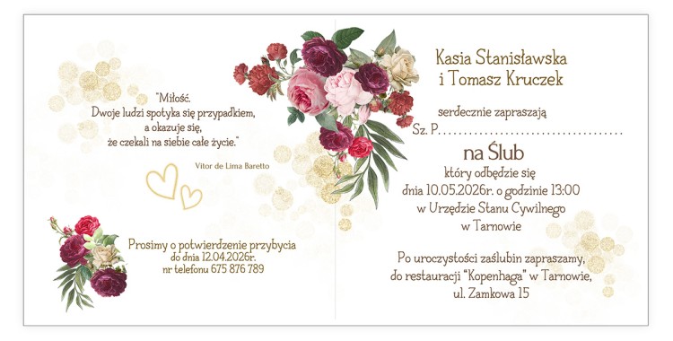 Zaproszenia Personalizowane na Ślub Złote Serca D13_18 środek