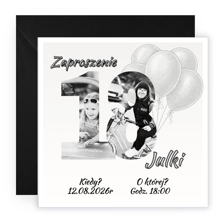 Zaproszenia Personalizowane na 18 Urodziny Wspomnienia ze zdjęciami Czarna Koperta D13_26_ZC1
