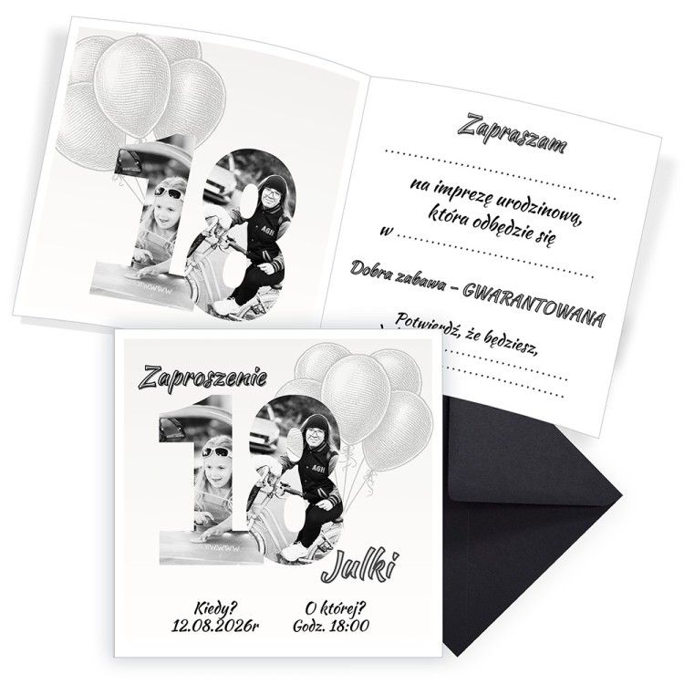 Zaproszenia Personalizowane na 18 Urodziny Wspomnienia ze zdjęciami Czarna Koperta D13_26_ZC1 komplet