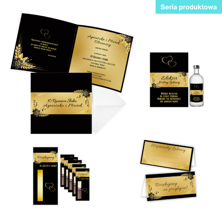 Zaproszenia Personalizowane Rocznica Ślubu Czarno Złote Kwiaty seria produktowa