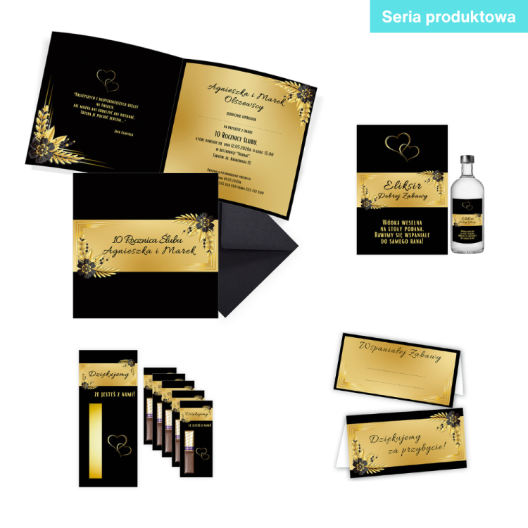 Zaproszenia Personalizowane Rocznica Ślubu Czarno Złote Kwiaty Czarna Koperta seria produktowa