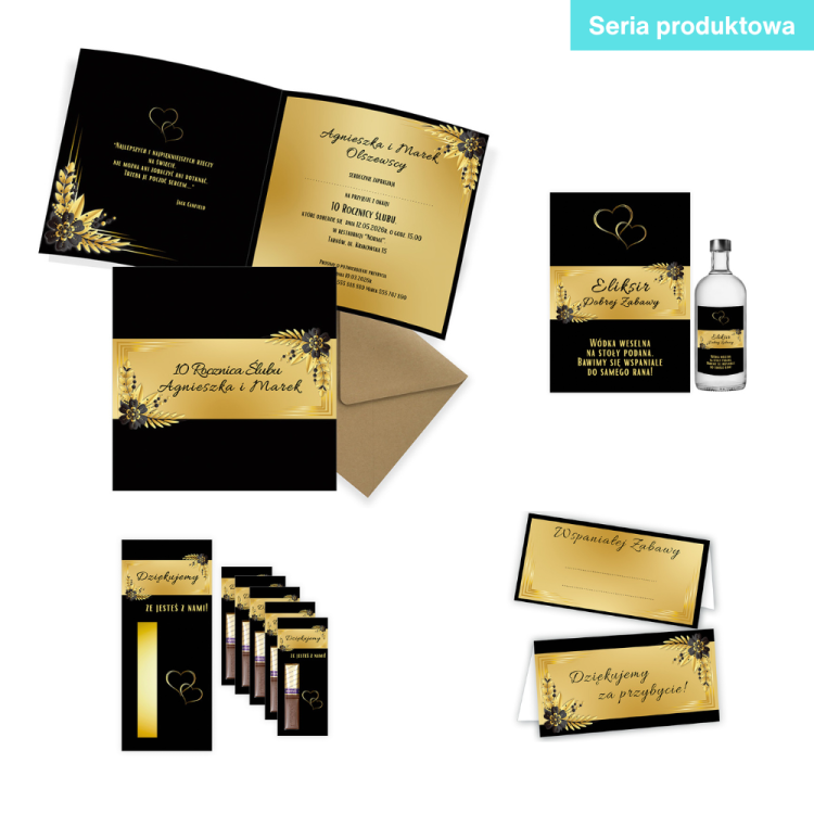 Podziękowania dla gości Merci Czarno Złote Kwiaty - 5 sztuk PDM_37 seria produktowa