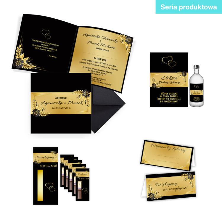 Winietki na Stół Ślubne / na Rocznicę Ślubu Czarno Złote Kwiaty WD_01 seria produktowa