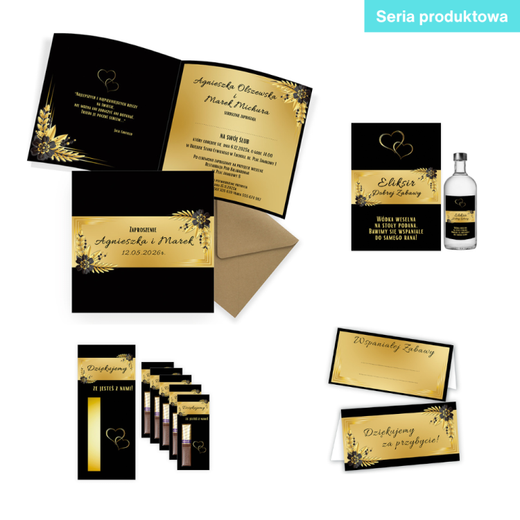 Winietki na Stół Ślubne / na Rocznicę Ślubu Czarno Złote Kwiaty WD_01 seria produktowa