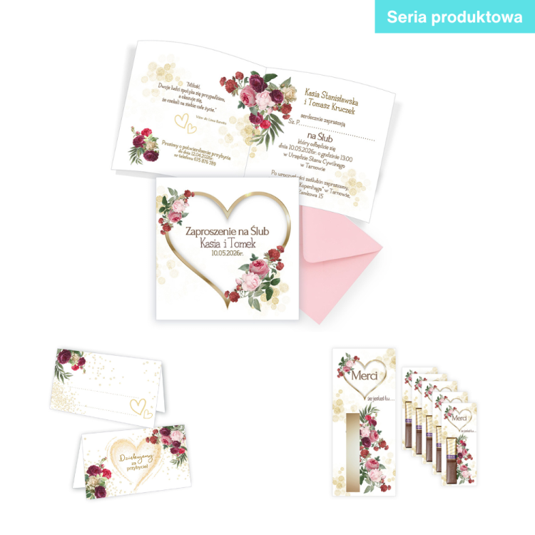 Zaproszenia Personalizowane na Ślub Złote Serca Różowa Koperta D13_18_ZR1 seria produktowa
