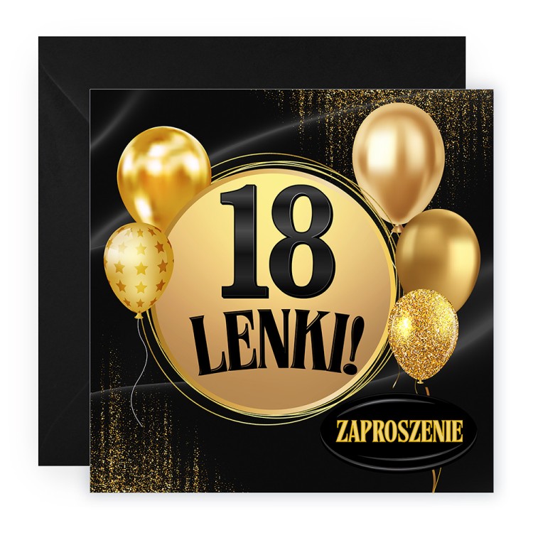 Zaproszenia Personalizowane na Urodziny Złote Balony czarna koperta