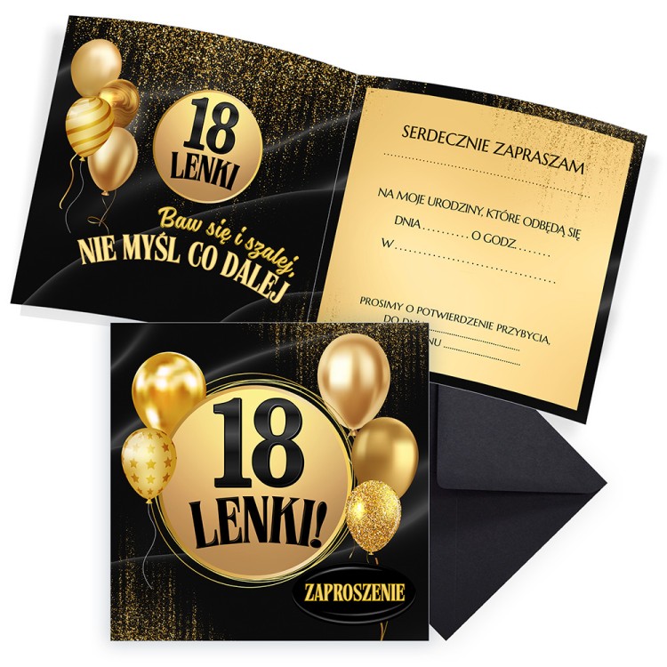 Zaproszenia Personalizowane na Urodziny Złote Balony czarna koperta komplet