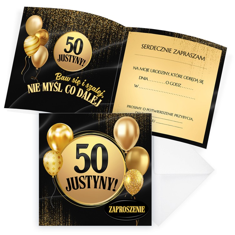 Zaproszenia Personalizowane na 50 Urodziny Złote Balony komplet