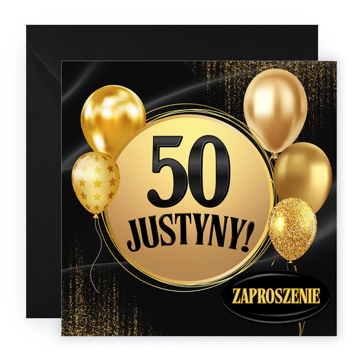 Zaproszenia Personalizowane na 50 Urodziny Złote Balony Czarna Koperta